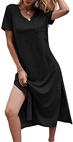 Dyexces Women's V Neck Short Sleeve Summer Dress Solid Basic T-Shirts Casual Split Maxi Dresses with Pocket