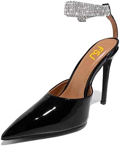 FSJ Women Sexy Pointed Toe D'Orsay Stiletto High Heel Pumps Sparkly Rhinestone Ankle Strap Buckled Sandals Prom Party Dress Shoes Size 4-15 US
