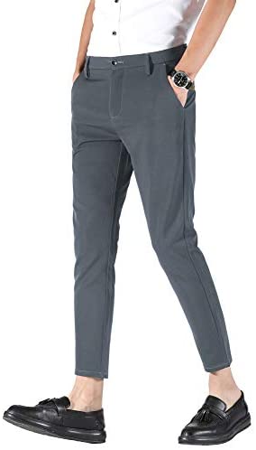 Plaid&Plain Men's Stretch Skinny Fit Casual Business Pants Ankle Dress Pants