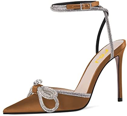 FSJ Women's Pointy Toe Stiletto High Heels Sandals Rhinestones Bowknot Ankle Strap Buckle Heeled Pumps Satin Lace Up Dress Party Shoes Size 4-15 US