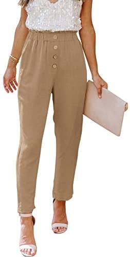 Womens Casual Loose Pants Comfy Cropped Work Pants with Pockets Elastic High Waist Paper Bag Pants