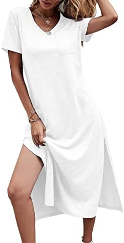 Dyexces Women's V Neck Short Sleeve Summer Dress Solid Basic T-Shirts Casual Split Maxi Dresses with Pocket
