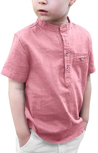 Kids Boys Linen Short Sleeve Henley Shirt Toddler Cotton Button Down Summer Tops Fashion Cool T-Shirts