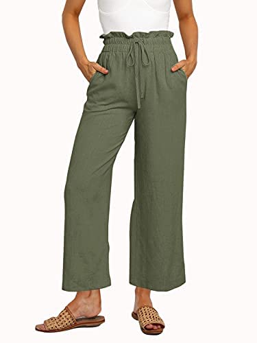 Womens Linen Pants High Waisted Wide Leg Drawstring Casual Loose Trousers with Pockets