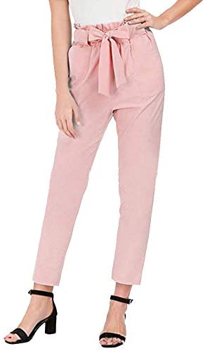 Women's Chic Elastic High Waisted Pull On Straight Leg Casual Ankle Work Pants