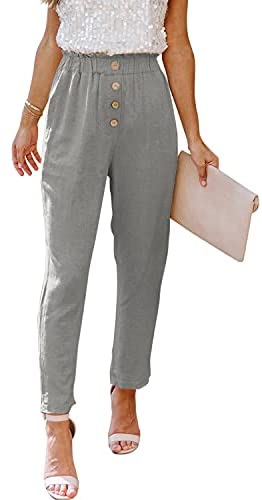 Womens Casual Loose Pants Comfy Cropped Work Pants with Pockets Elastic High Waist Paper Bag Pants