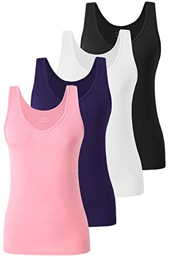 Xelky Womens 4 Pack Tank Tops V Neck Undershirt Lightweight Plain Sleeveless Shirts Stretch Basic Wide Strap Tanks(S-XXL)