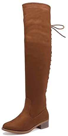 EETTARO Women's Over The Knee Boot Fashion Lace Up Tight High Boots Side Zip Block Heel Riding Booties
