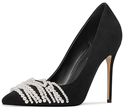 FSJ Women's White Pearl Strings Pointed Toe High Heel Pumps Stiletto Slip On Faux Suede Elegant Ladies Comfy Wedding Dress Party Shoes Size 4-15 US
