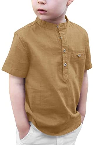 Kids Boys Linen Short Sleeve Henley Shirt Toddler Cotton Button Down Summer Tops Fashion Cool T-Shirts