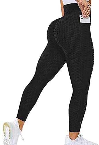 Women's Bubble Hip Butt Lifting High Waist Leggings Honeycomb Textured Tummy Control Yoga Pants Pocket Sport Tights