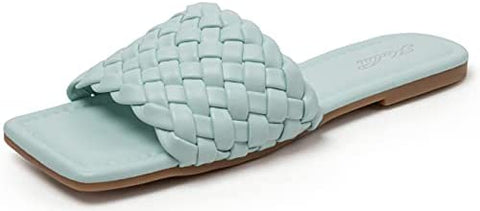 Women's Square Open Toe Flat Sandals Slip On Slide Sandals Woven Strap Flat Sandals