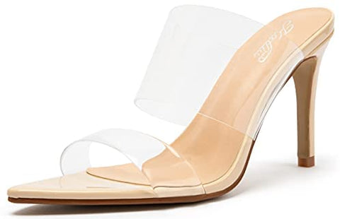 Katliu Women's Clear Pointed Toe Heels Sandals Transparent Strap Stiletto High Heels Slip on Mules Heeled Sandals