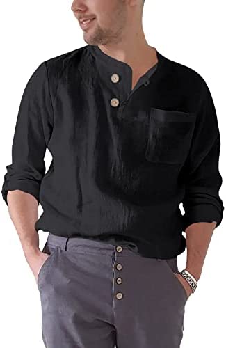 Men's Long Sleeve Cotton Linen Blend Henley Shirt Lightweight Solid Breathable Casual Shirts Tops