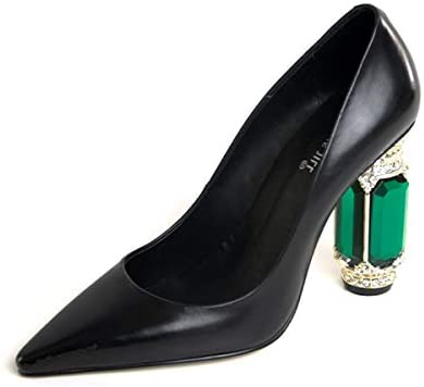 FSJ Women Leather Crystal Chunky High Heel Pumps Pointed Toe Slip on Wedding Parrty Dress Shoes Size 4-12 US