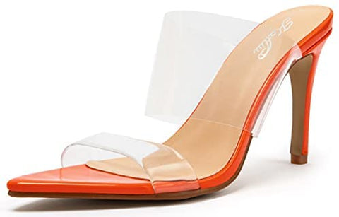 Katliu Women's Clear Pointed Toe Heels Sandals Transparent Strap Stiletto High Heels Slip on Mules Heeled Sandals