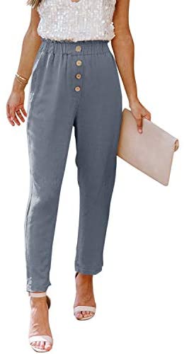 Womens Casual Loose Pants Comfy Cropped Work Pants with Pockets Elastic High Waist Paper Bag Pants