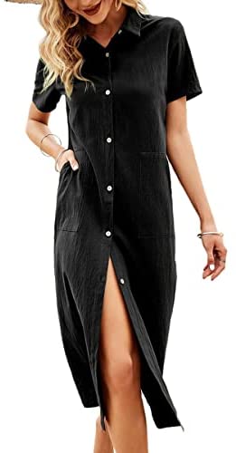 Women's Lapel Short Sleeve Summer Dress Solid Button Cardigan T-Shirts Casual Midi Dresses with Pocket