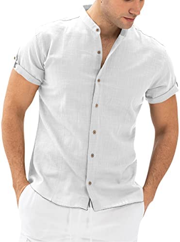 Men's Casual Button Down Collarless Shirt Solid Short Sleeve Cotton Linen Lightweight Breathable Tops Shirts