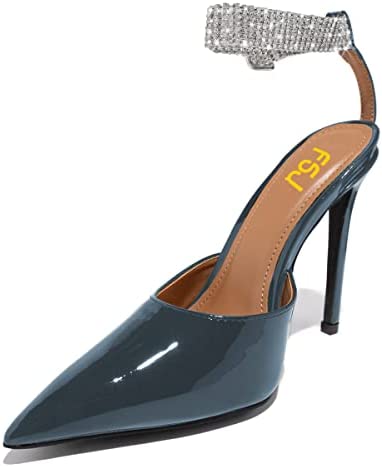 FSJ Women Sexy Pointed Toe D'Orsay Stiletto High Heel Pumps Sparkly Rhinestone Ankle Strap Buckled Sandals Prom Party Dress Shoes Size 4-15 US
