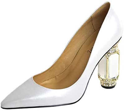 FSJ Women Leather Crystal Chunky High Heel Pumps Pointed Toe Slip on Wedding Parrty Dress Shoes Size 4-12 US