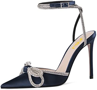 FSJ Women's Pointy Toe Stiletto High Heels Sandals Rhinestones Bowknot Ankle Strap Buckle Heeled Pumps Satin Lace Up Dress Party Shoes Size 4-15 US