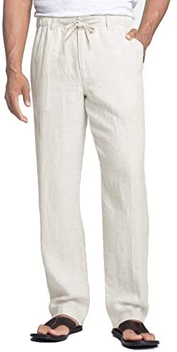 Men's Linen Pants Casual Elastic Waist Drawstring Beach Trousers
