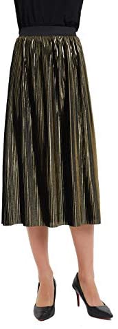 Womens Golden Metallic Shiny A Line Accordion Elastic Waistband Pleated Midi Skirt