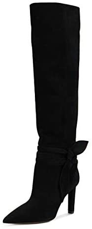 FSJ Women Elegant Pointed Closed Toe Knee High Long Boots Pull On Mid Heels Booties Faux Suede Dress Shoe With Bows Size 4-15 US