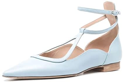FSJ Women's Comfortable Chunky Low Heel Flats Cross Ankle Strap Buckle Classic Pointy Toe Retro T-Strip Walking Dress Shoes Size 4-15 US