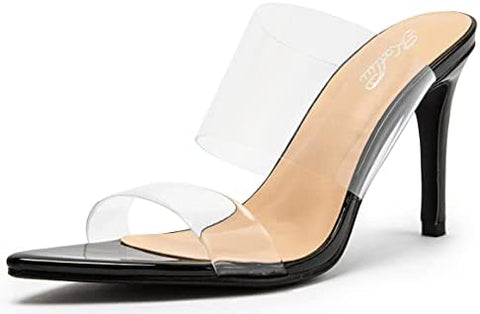 Katliu Women's Clear Pointed Toe Heels Sandals Transparent Strap Stiletto High Heels Slip on Mules Heeled Sandals