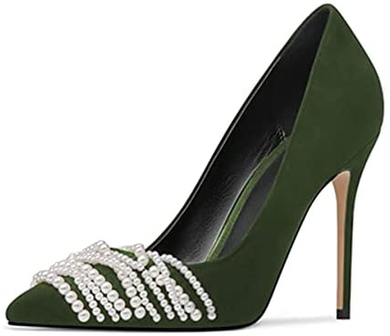 FSJ Women's White Pearl Strings Pointed Toe High Heel Pumps Stiletto Slip On Faux Suede Elegant Ladies Comfy Wedding Dress Party Shoes Size 4-15 US