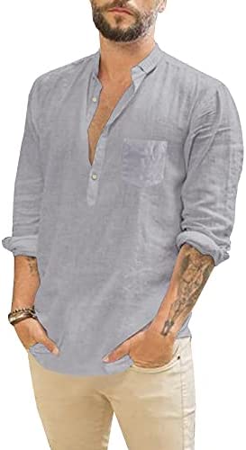 Men's Long Sleeve Henley Shirt Cotton Linen Loose Casual Hippie Tee Lightweight Summer Solid Beach Yoga Tops