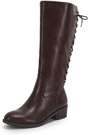 Womens Lace Up Knee High Boots Side Zipper Closed Pointed Boots Zippered Chunky Stacked Mid Heel Shoes