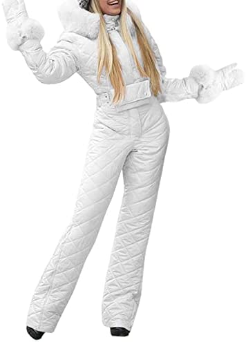 Womens Onesies Ski Suit Jumpsuit Outdoor Winter Skiing Jacket Snowsuit Fur Collar Coat with Hoodies Removable