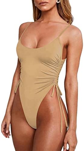 Zwurew Women's Scoop Neck Drawstring Swimwear One Piece Swimsuit Solid Bodysuit Monokini Bather Bathing Suit Beachwear