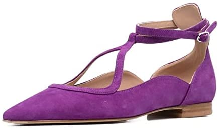 FSJ Women's Comfortable Chunky Low Heel Flats Cross Ankle Strap Buckle Classic Pointy Toe Retro T-Strip Walking Dress Shoes Size 4-15 US