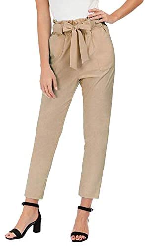 Women's Chic Elastic High Waisted Pull On Straight Leg Casual Ankle Work Pants
