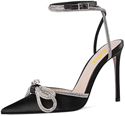 FSJ Women's Pointy Toe Stiletto High Heels Sandals Rhinestones Bowknot Ankle Strap Buckle Heeled Pumps Satin Lace Up Dress Party Shoes Size 4-15 US