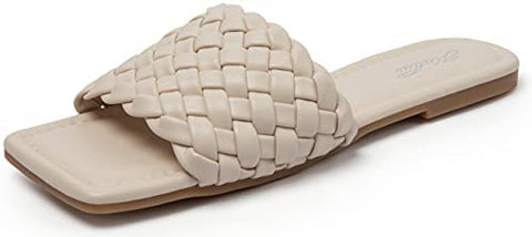Women's Square Open Toe Flat Sandals Slip On Slide Sandals Woven Strap Flat Sandals