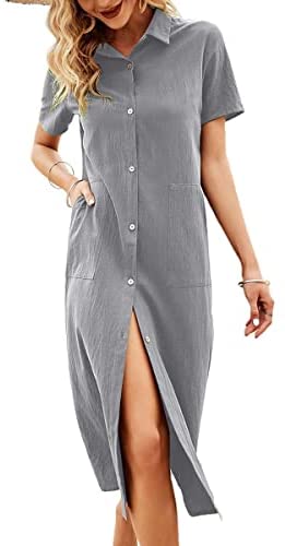 Women's Lapel Short Sleeve Summer Dress Solid Button Cardigan T-Shirts Casual Midi Dresses with Pocket