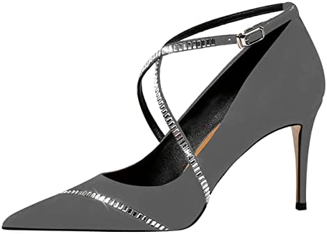 FSJ Women's Pointed Toe High Heels Pumps Crisscross Strappy Crystal Rhinestones Pumps Ladies Ankle Buckle Strap Dress Party Shoes Size 4-15 US