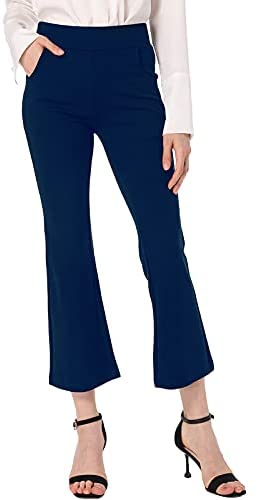 Ginasy Womens Flare Dress Pants Business Casual Crop Work Capris Stretch High Waisted Elastic Pull On Office Trousers