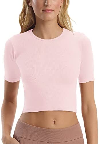Women’s Short Sleeve Workout Crop Tops Classic Crewneck Fitted Yoga Running T Shirts