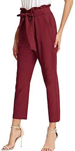 Women's Chic Elastic High Waisted Pull On Straight Leg Casual Ankle Work Pants