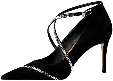 FSJ Women's Pointed Toe High Heels Pumps Crisscross Strappy Crystal Rhinestones Pumps Ladies Ankle Buckle Strap Dress Party Shoes Size 4-15 US