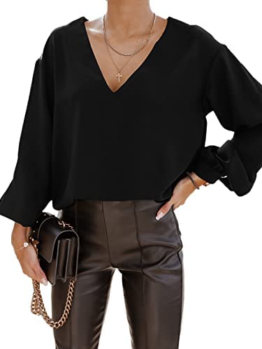 Zwurew Women's V-Neck Long Sleeves Elegant Blouse Solid Casual Office Workwear Basic Tunic Tops