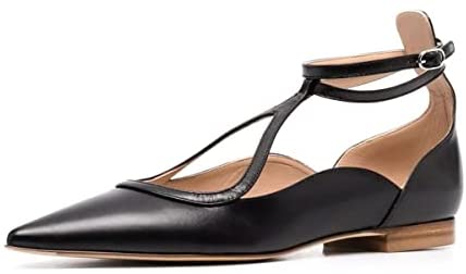 FSJ Women's Comfortable Chunky Low Heel Flats Cross Ankle Strap Buckle Classic Pointy Toe Retro T-Strip Walking Dress Shoes Size 4-15 US