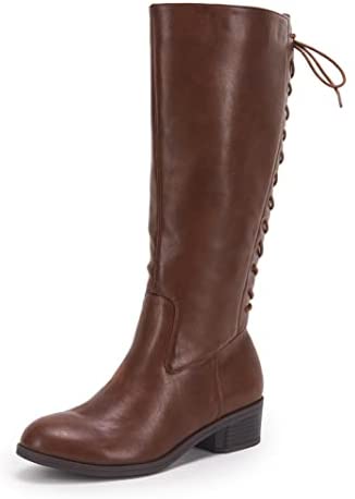 Womens Lace Up Knee High Boots Side Zipper Closed Pointed Boots Zippered Chunky Stacked Mid Heel Shoes