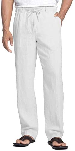 Men's Linen Pants Casual Elastic Waist Drawstring Beach Trousers